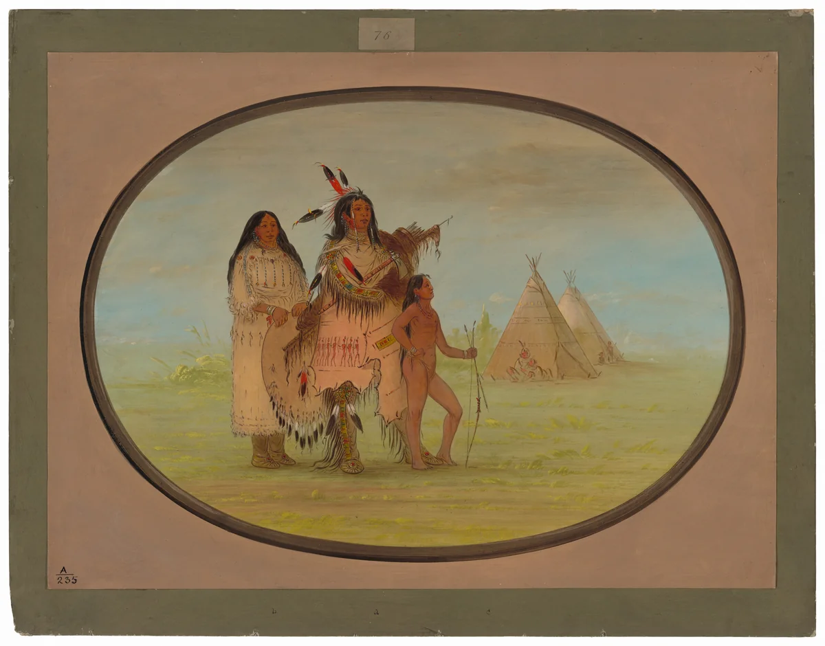 A K'nisteneux Warrior and Family by George Catlin, painting, 1861-1869