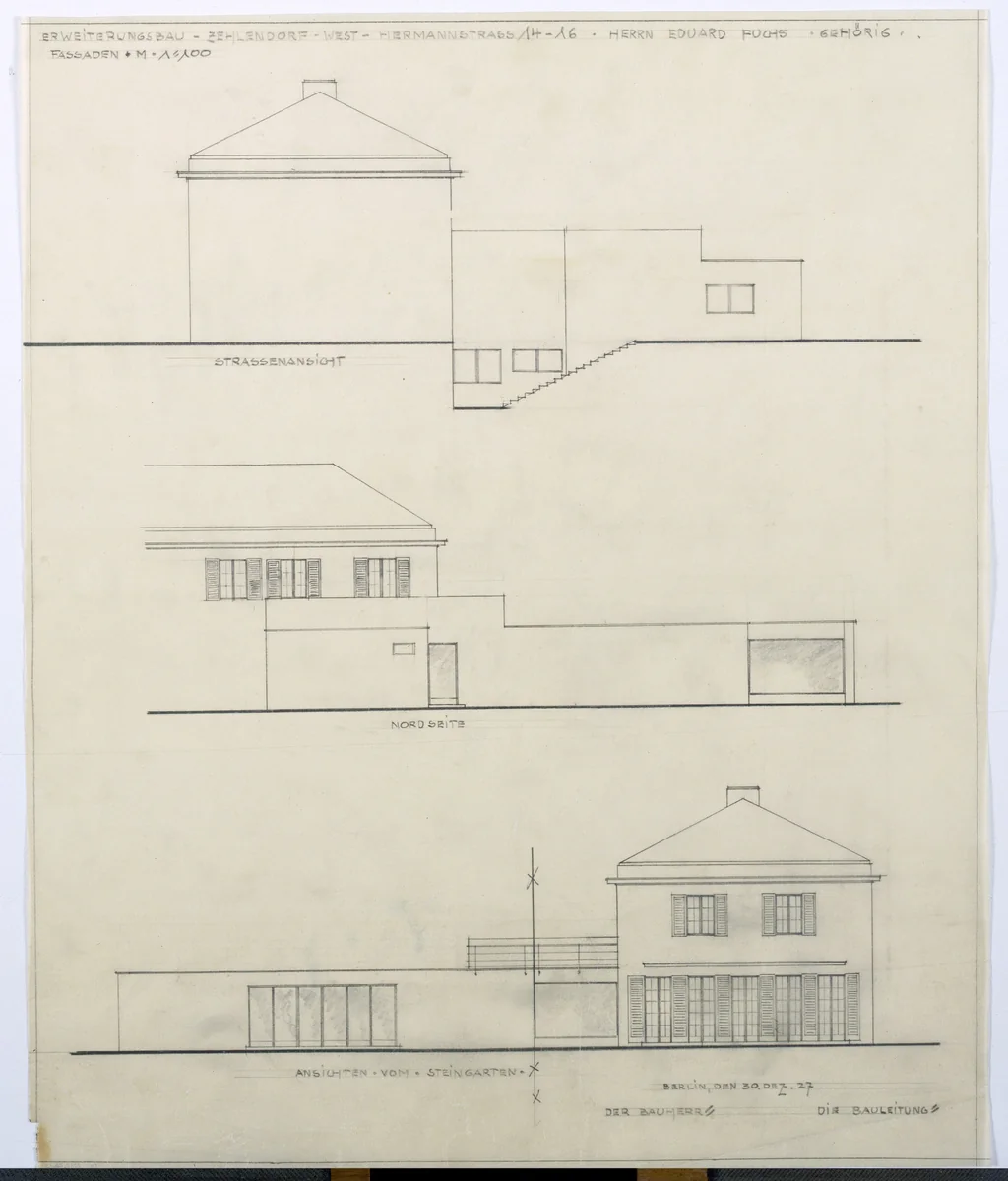 Fuchs Addition to Perls House, Berlin-Zehlendorf, Germany, Three elevations by Ludwig Mies van der Rohe, mies van der rohe archive, 1928