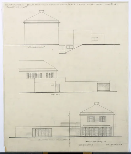 Fuchs Addition to Perls House, Berlin-Zehlendorf, Germany, Three elevations by Ludwig Mies van der Rohe, mies van der rohe archive, 1928