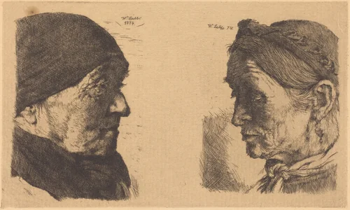 Portrait of an Old Peasant Woman, in Profile to the Right, and Peasant Woman with Closed Eyes by Wilhelm Leibl, print, 1874-1880