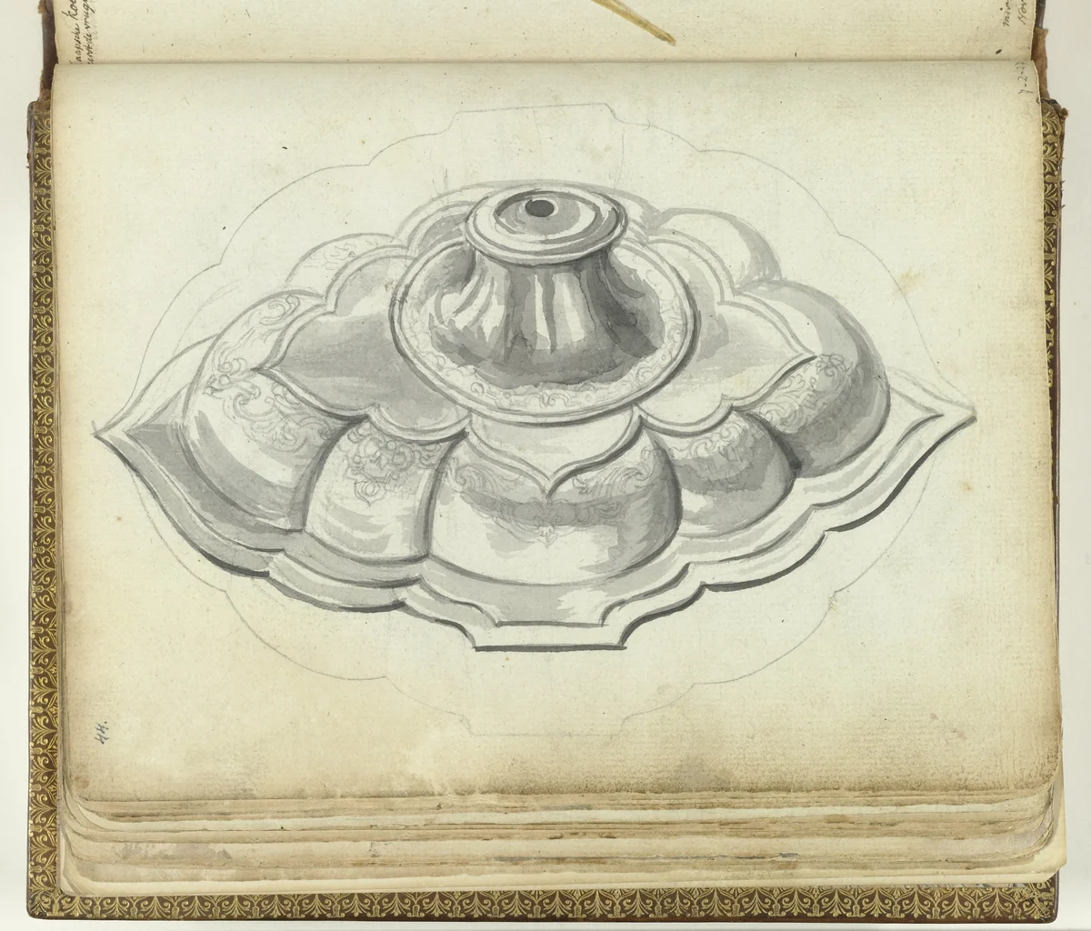 Voet van drinkvat van koning van Candi by Jan Brandes, drawing, 1786