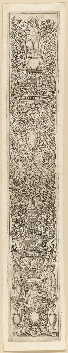 Three Children Blowing Horns, plate eight of Twelve Ornament Panels by Giovanni Pietro da Birago, print, 1500-1520