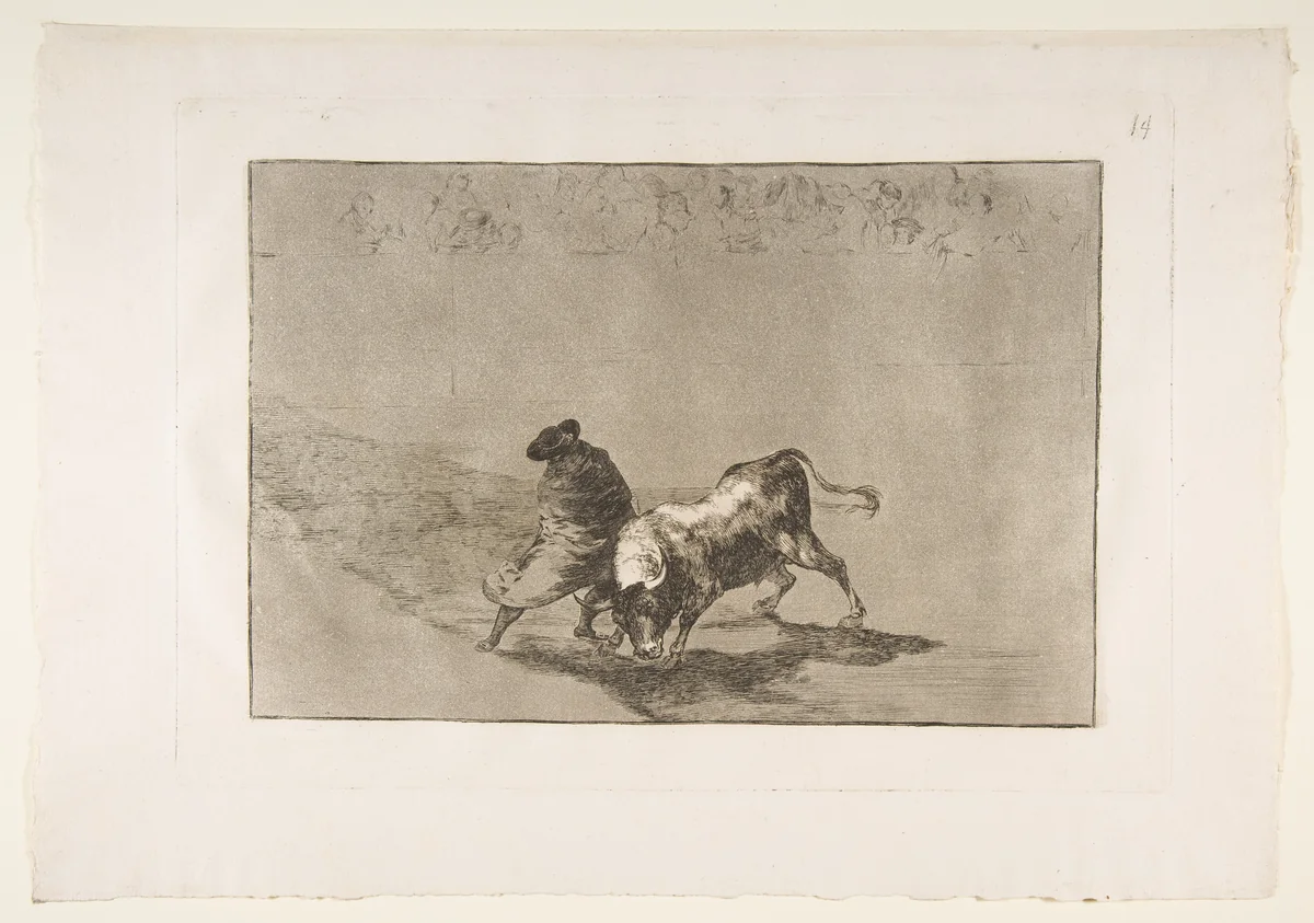 Plate 14 from "La Tauromaquia": The very skillful student of Falces, wrapped in his cape, tricks the bull with the play of his body by Goya, print, 1816