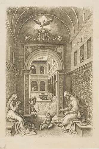 The Holy Family in a Room (Virgin, Child, and Saint Anne) by Daniel Hopfer, print, 1490-1536
