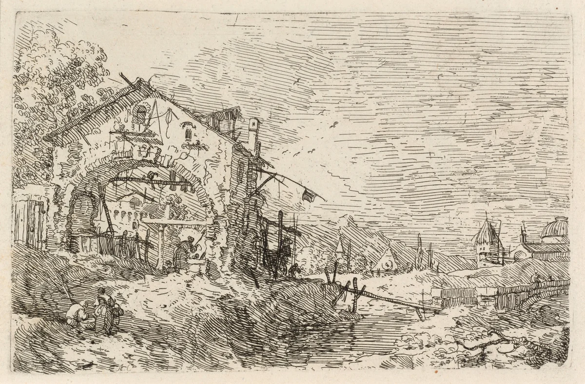 Landscape with a Woman at a Well by Canaletto, print, 1740