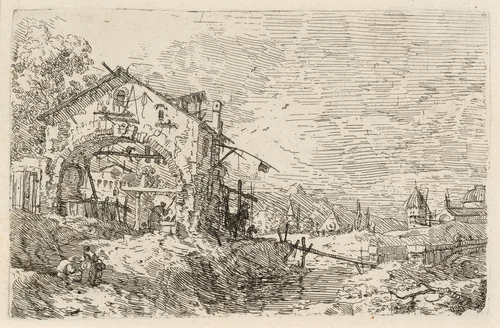 Landscape with a Woman at a Well by Canaletto, print, 1740