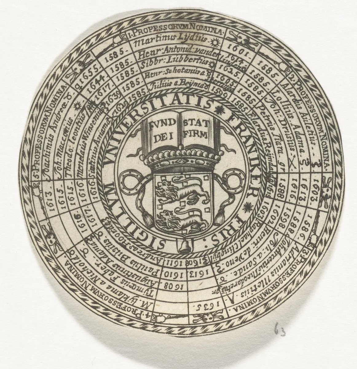 Penning van de Universiteit van Franeker, met de namen van de hoogleraren en het wapen van de universiteit by anonymous, print, 1685-1720