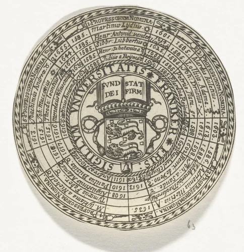 Penning van de Universiteit van Franeker, met de namen van de hoogleraren en het wapen van de universiteit by anonymous, print, 1685-1720