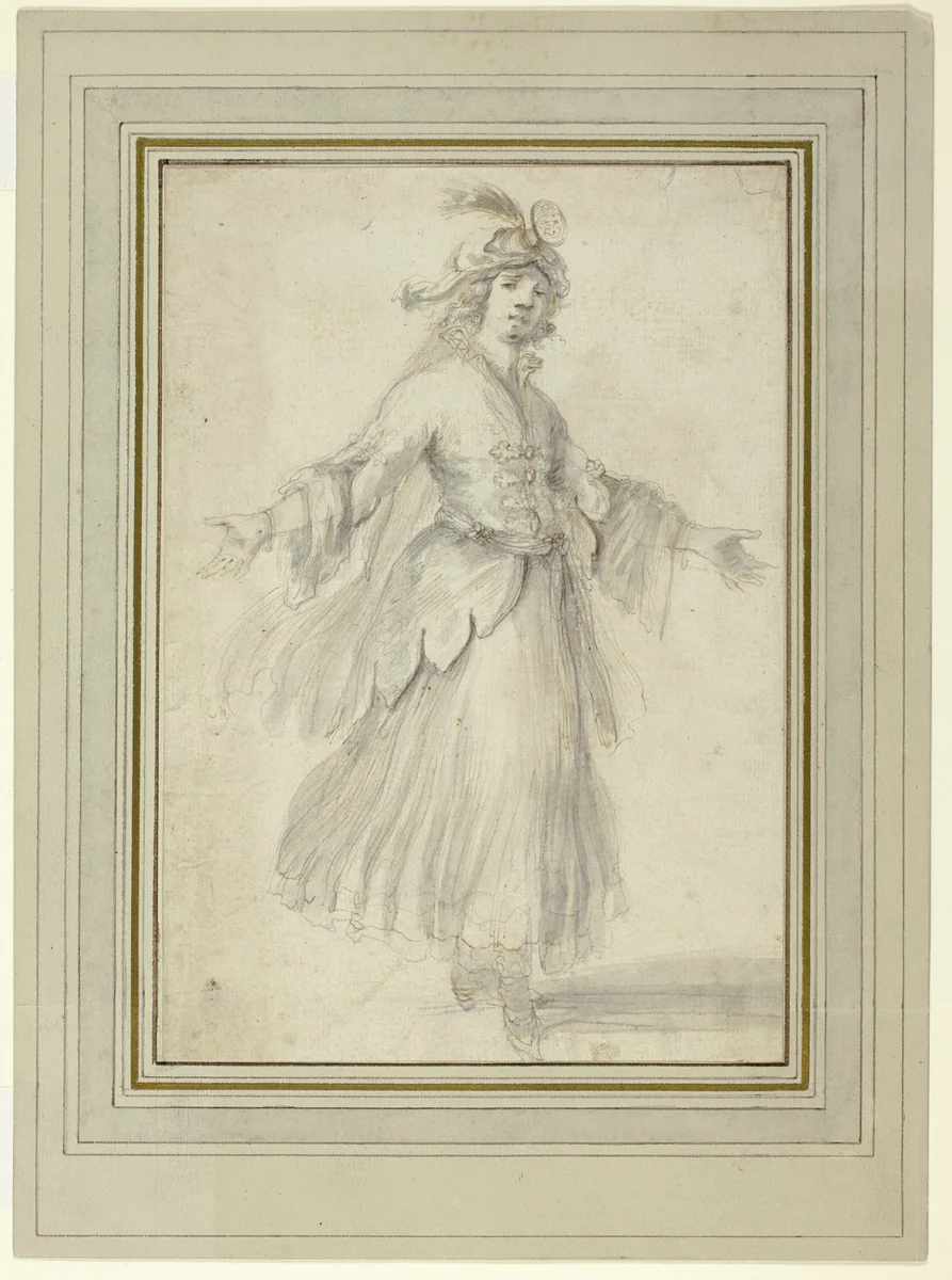 Female Dancer in a Costume for a Theatre Performance by Stefano della Bella, drawing, 1648-1664