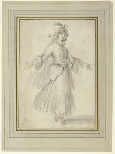 Female Dancer in a Costume for a Theatre Performance by Stefano della Bella, drawing, 1648-1664