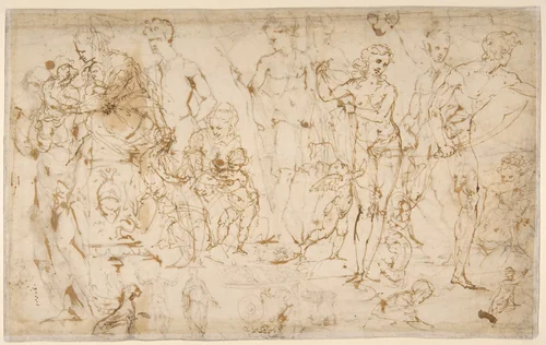 Sheet of Figure Studies and Ornamental Motifs (recto and verso) by Vincenzo Tamagni, drawing, 1520-1530