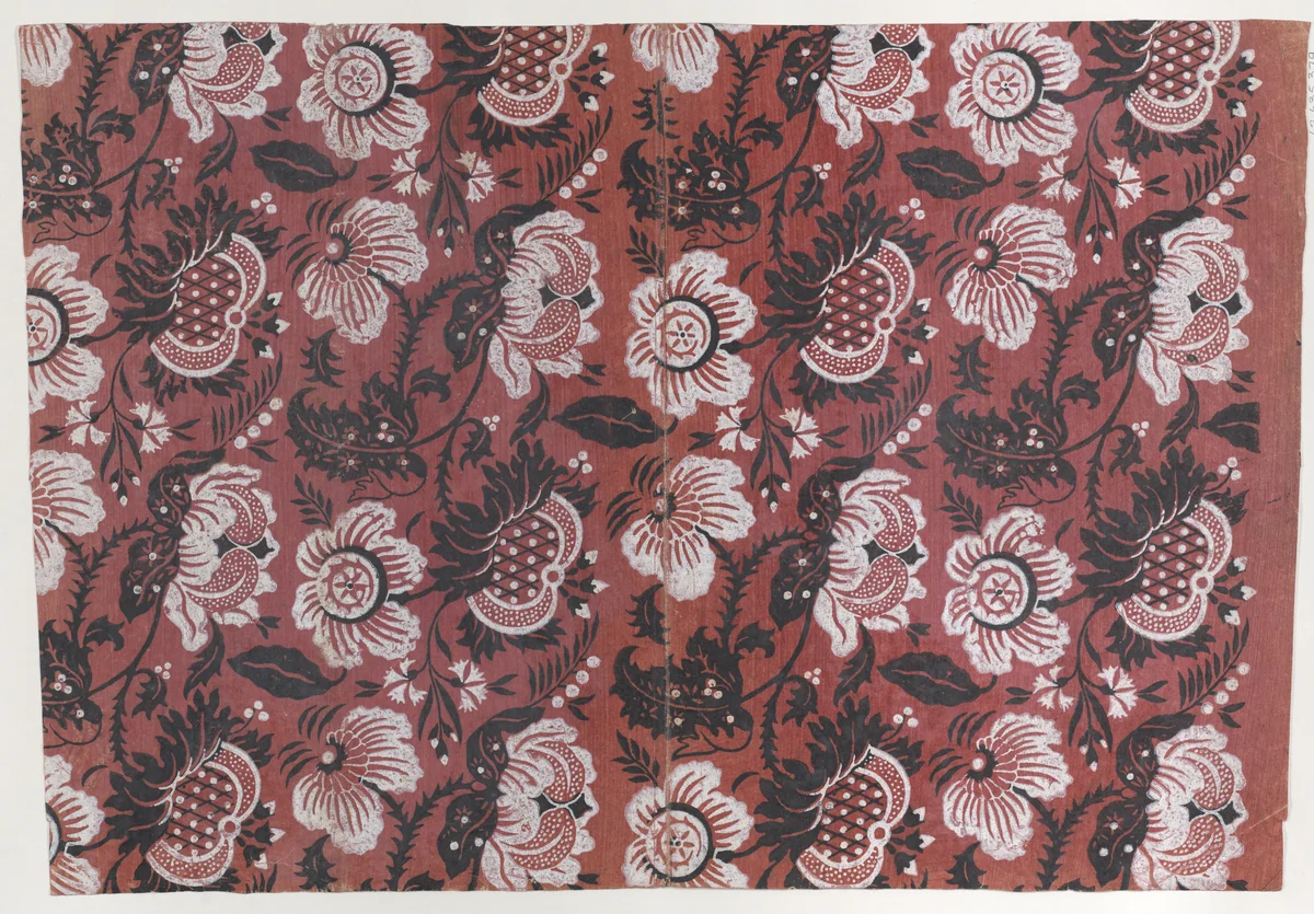 Red book cover with black and white floral pattern by anonymous, print, 1800-1900