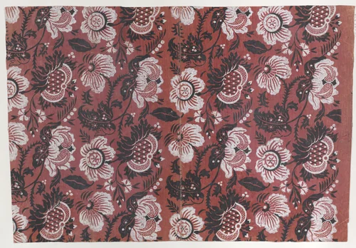 Red book cover with black and white floral pattern by anonymous, print, 1800-1900