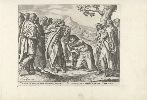 Christus en de Kanaänitische vrouw by Unknown, print, 1577-1579
