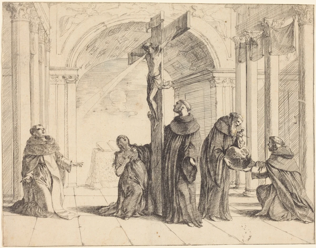 A Crucifix in a Church with Saints Thomas Aquinas, Mary Magdalene, Albertus Magnus, and Others by Johann Heinrich Schönfeld, print, 1655
