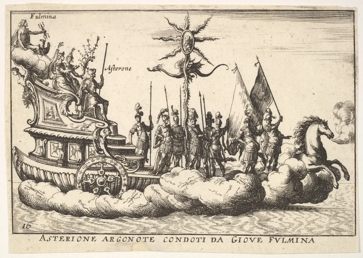 Plate 16: The Argonaut Asterion led by a young figure of lightning (Asterione argonote condoti da Giove fulmina), from "The magnificent pageant on the river Arno in Florence for the marriage of the Grand Duke" (Le Magnifique carousel fait sur le fleuve de l'Arne a Florence, pour le mariage du Grand Duc) by anonymous, print, 1664