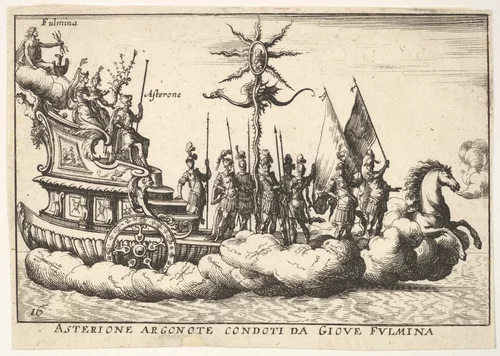 Plate 16: The Argonaut Asterion led by a young figure of lightning (Asterione argonote condoti da Giove fulmina), from "The magnificent pageant on the river Arno in Florence for the marriage of the Grand Duke" (Le Magnifique carousel fait sur le fleuve de l'Arne a Florence, pour le mariage du Grand Duc) by anonymous, print, 1664