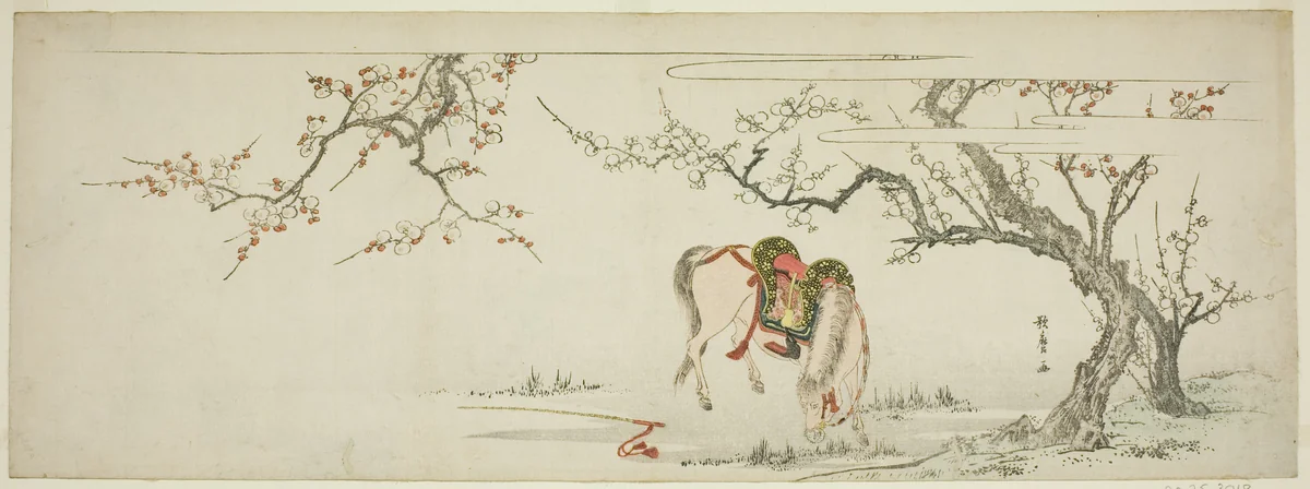 Horse beneath a Flowering Plum Tree by Kitagawa Utamaro (喜多川歌麿), print, 1792-1804