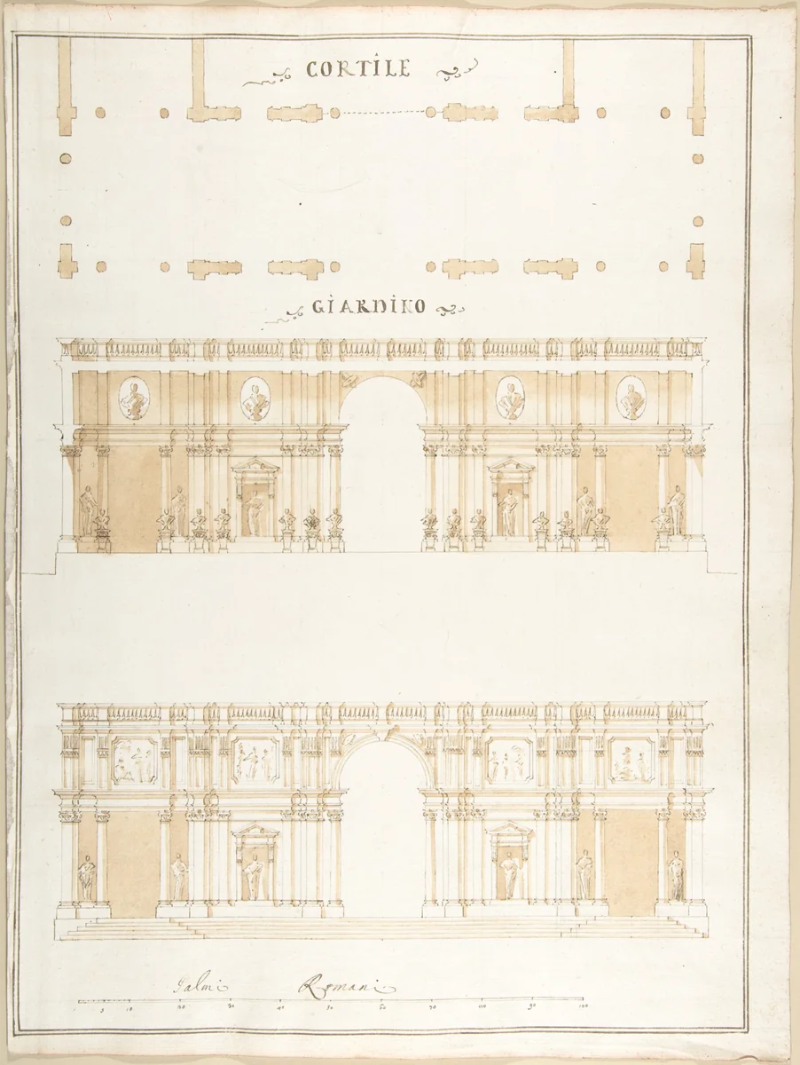 Plan, Section and Exterior Elevation of a Villa by Pietro Paolo Coccetti, drawing, 1710-1727