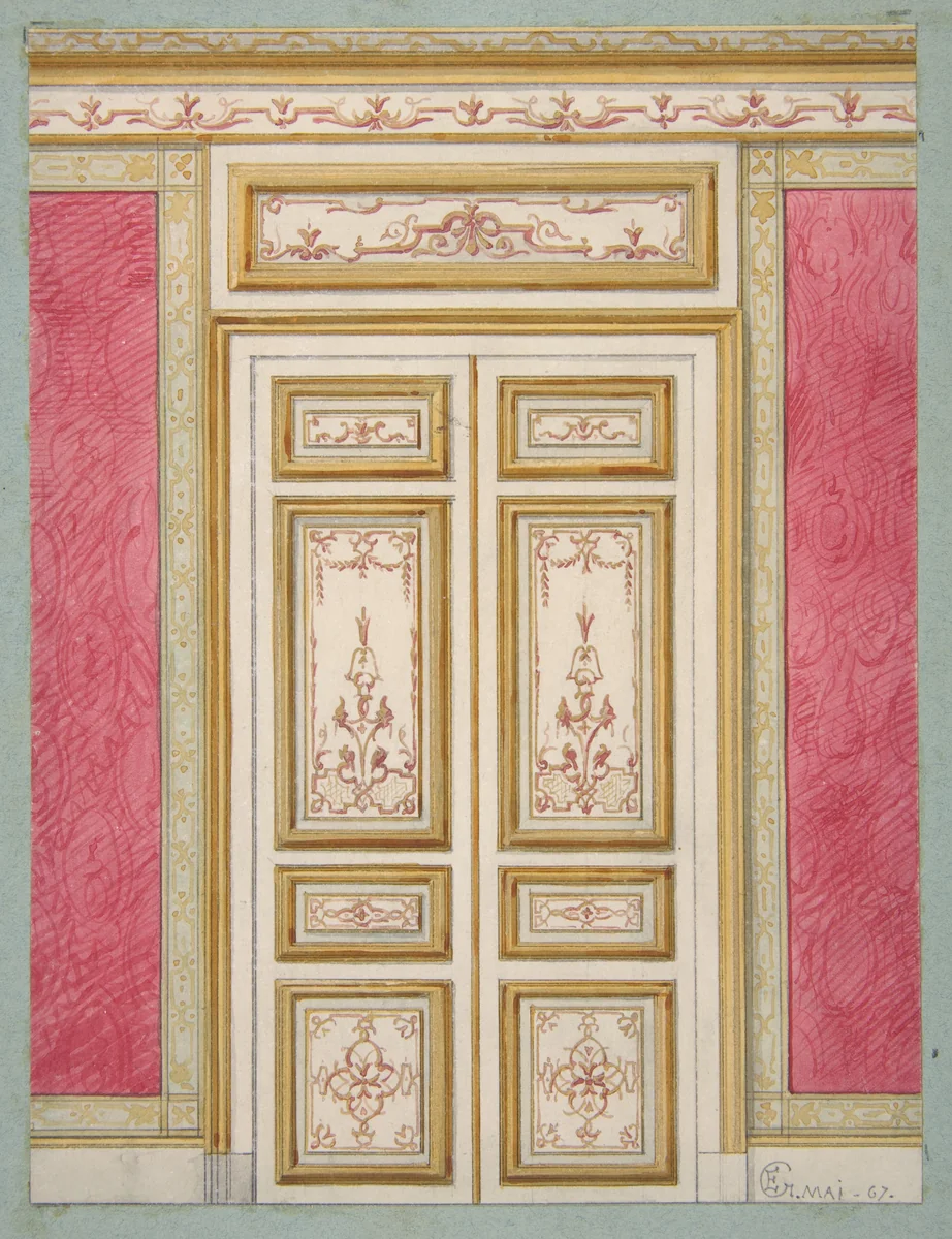 Design for double doors decorated in the rococco style by Jules-Edmond-Charles Lachaise, drawing, 1867
