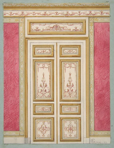 Design for double doors decorated in the rococco style by Jules-Edmond-Charles Lachaise, drawing, 1867