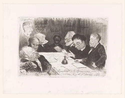 Commissie voor reorganisatie van de Antwerpse Academie by Charles Verlat, print, 1879