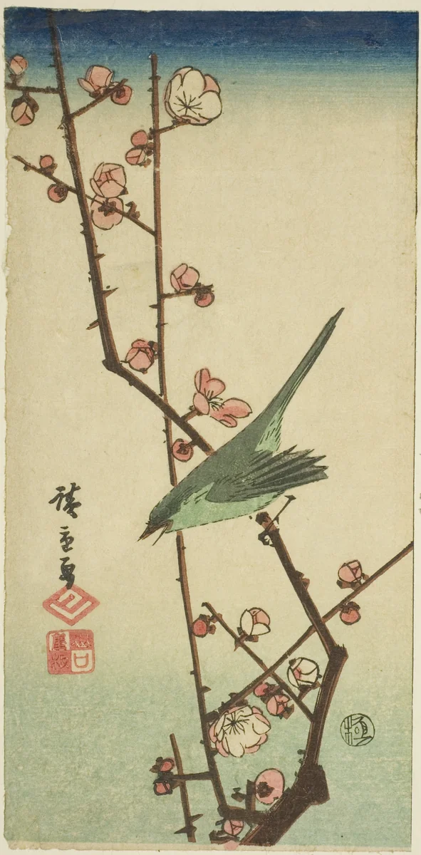 Warbler on plum branch by Utagawa Hiroshige (歌川広重), print