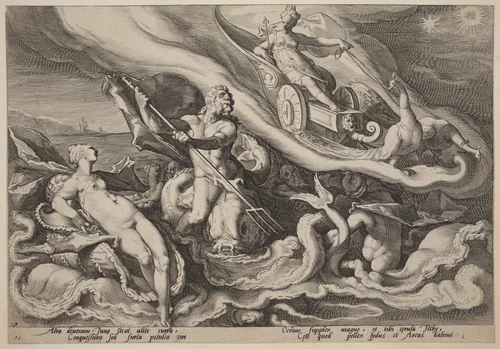 Juno Complaining to Oceanus and Tethys about Callisto by Hendrick Goltzius, print, 1584-1594