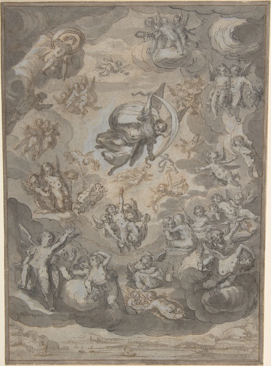 Flying Putti, Surrounding Archangel Raphael by Conrad Meyer, drawing, 1631-1632