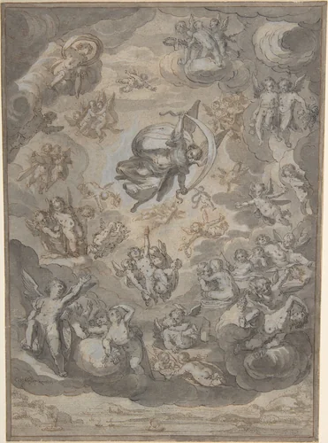 Flying Putti, Surrounding Archangel Raphael by Conrad Meyer, drawing, 1631-1632