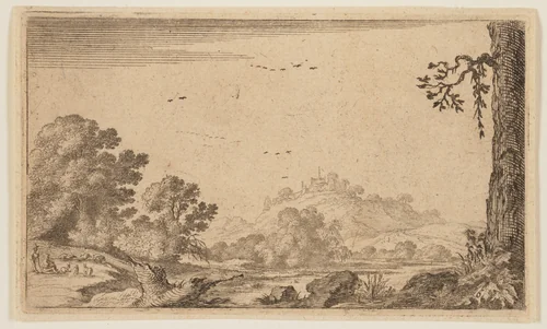 River in Partly Open Hilly Country, from Twelve Landscapes by Gillis van Scheyndel, print, 1605-1650