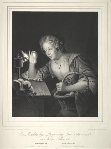 Girl Candling Eggs by Franz Seraph Hanfstaengl, print, 1840