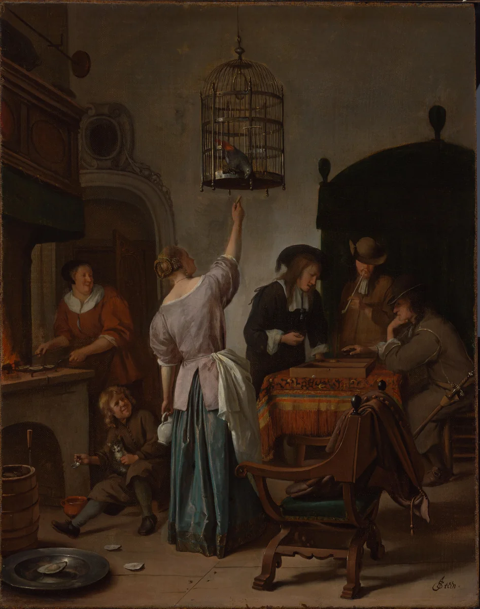 Interieur met een vrouw die een papegaai voert, beter bekend als ‘De papegaaienkooi’ by Jan Steen, painting, 1660-1670