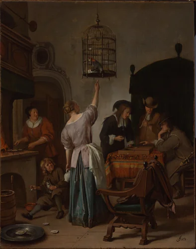 Interieur met een vrouw die een papegaai voert, beter bekend als ‘De papegaaienkooi’ by Jan Steen, painting, 1660-1670