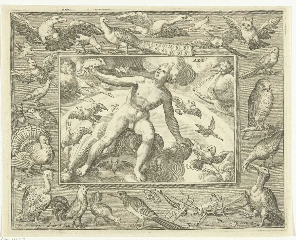 Element lucht als jonge man op wolken tussen vliegende vogels by Unknown, print, 1581-1656
