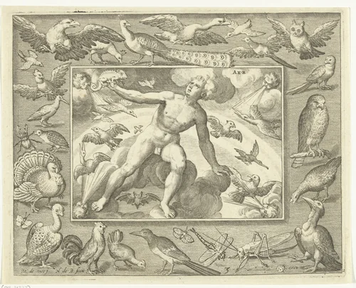 Element lucht als jonge man op wolken tussen vliegende vogels by Unknown, print, 1581-1656