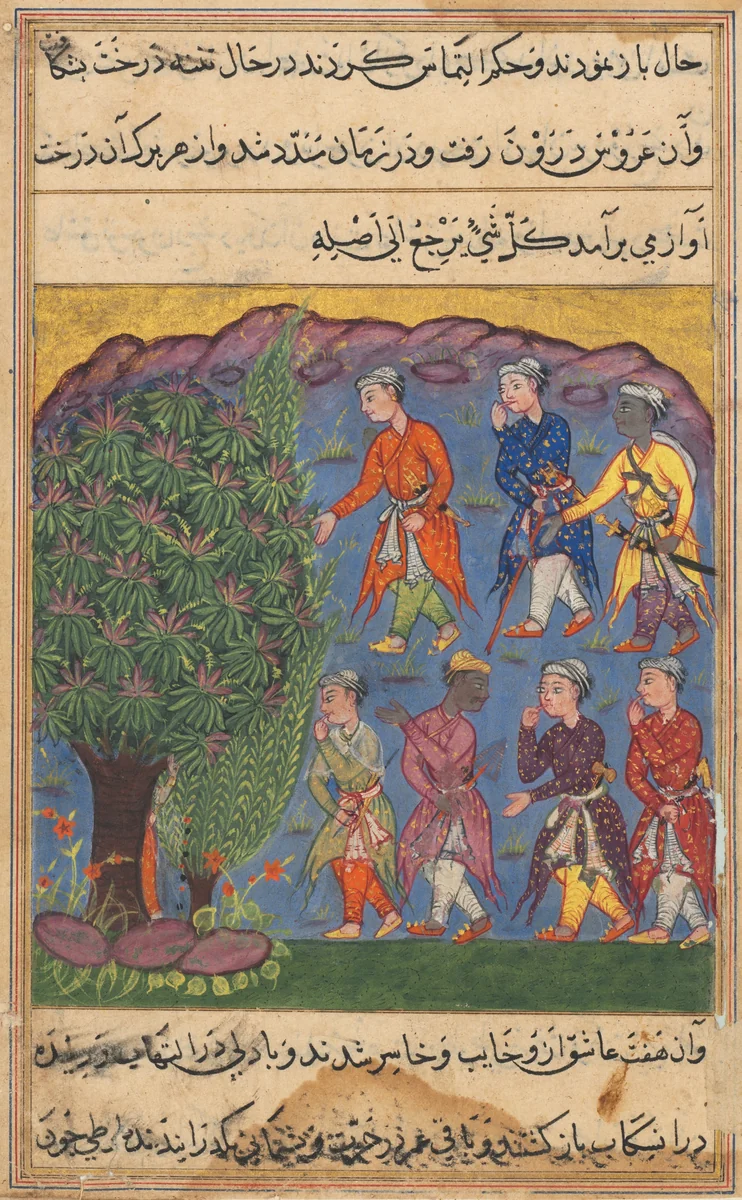 Seven men disputing possession of a woman bring her before the Tree of Justice into which she is absorbed, from a Tuti-nama (Tales of a Parrot): Sixth Night by Unknown, painting, 1555-1565