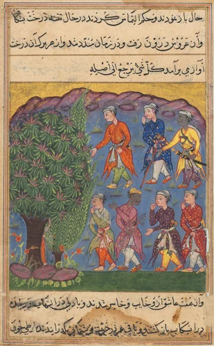 Seven men disputing possession of a woman bring her before the Tree of Justice into which she is absorbed, from a Tuti-nama (Tales of a Parrot): Sixth Night by Unknown, painting, 1555-1565
