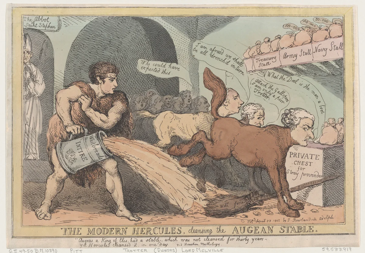 The Modern Hercules, Cleansing the Augean Stable by Thomas Rowlandson, print, 1805