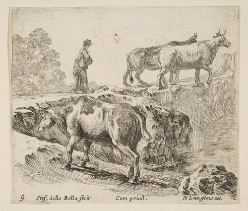 A cow ascending a bank, a peasant woman leading two cows across a bridge in background, plate 9 from "Diversi capricci" by Stefano della Bella, print, 1639-1649