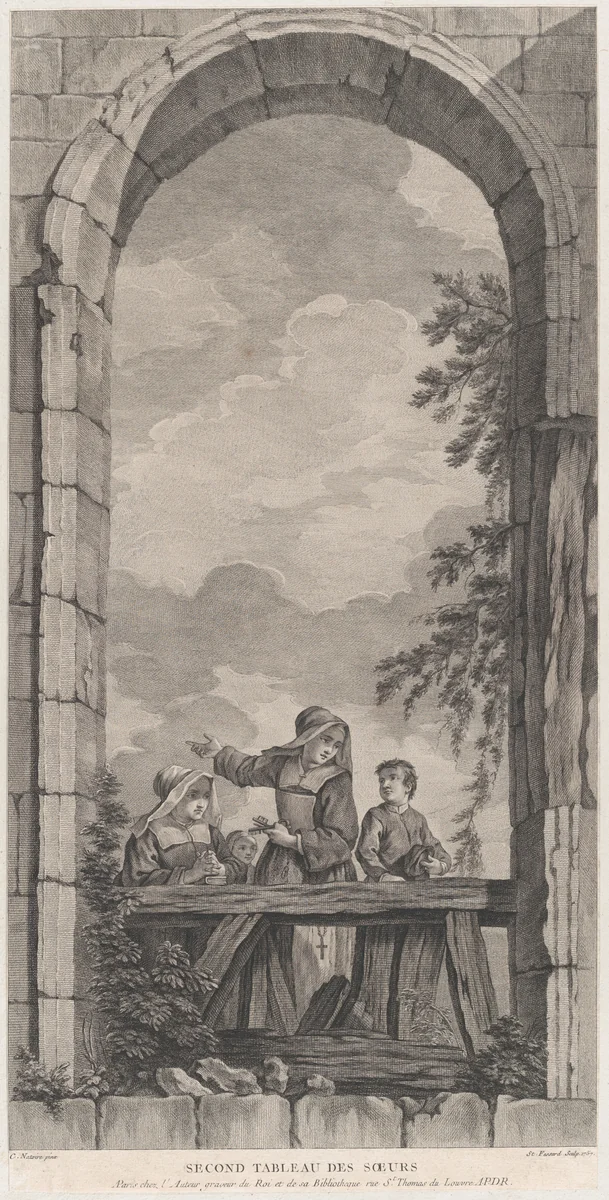The Chapel of the Enfants-Trouvés in Paris: Religieuses et garçonnets regardant la crèche by Etienne Fessard, print, 1757