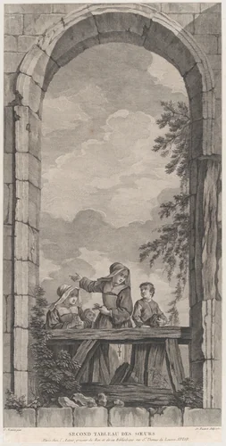 The Chapel of the Enfants-Trouvés in Paris: Religieuses et garçonnets regardant la crèche by Etienne Fessard, print, 1757