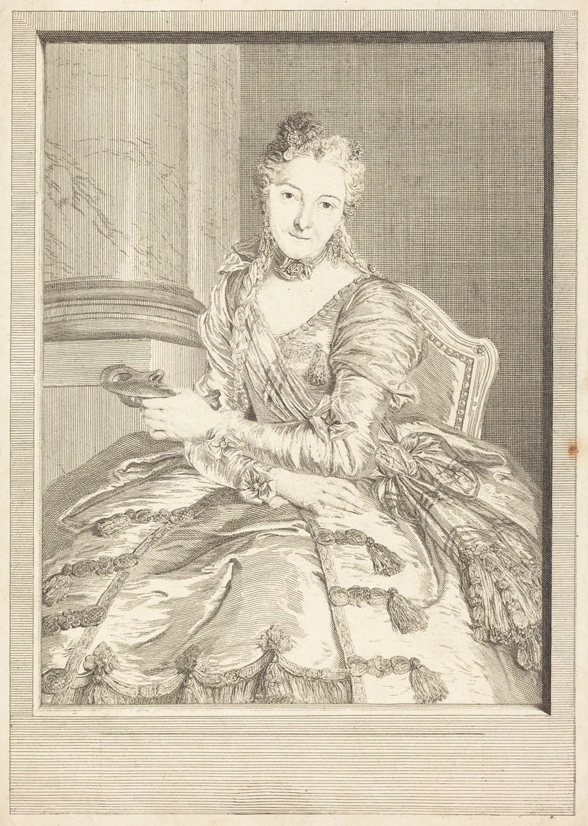 Mme. de M ... en habit de bal by Pierre Louis de Surugue; Charles-Antoine Coypel, print, 1746
