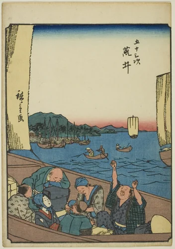 Arai, from the series "Fifty-three Stations [of the Tokaido] (Gojusan tsugi)," also known as the Figure Tokaido (Jinbutsu Tokaido) by Utagawa Hiroshige (歌川広重), print, 1852