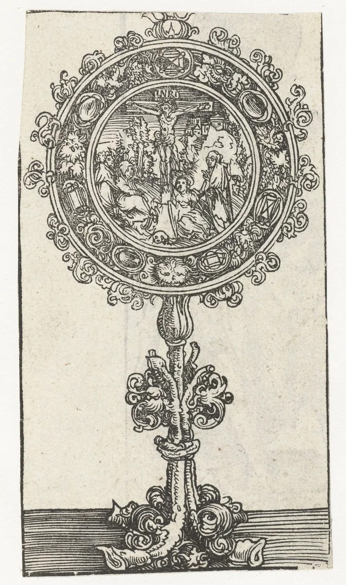 Reliekhouder met Christus aan het kruis by Lucas Cranach, print, 1509-1549