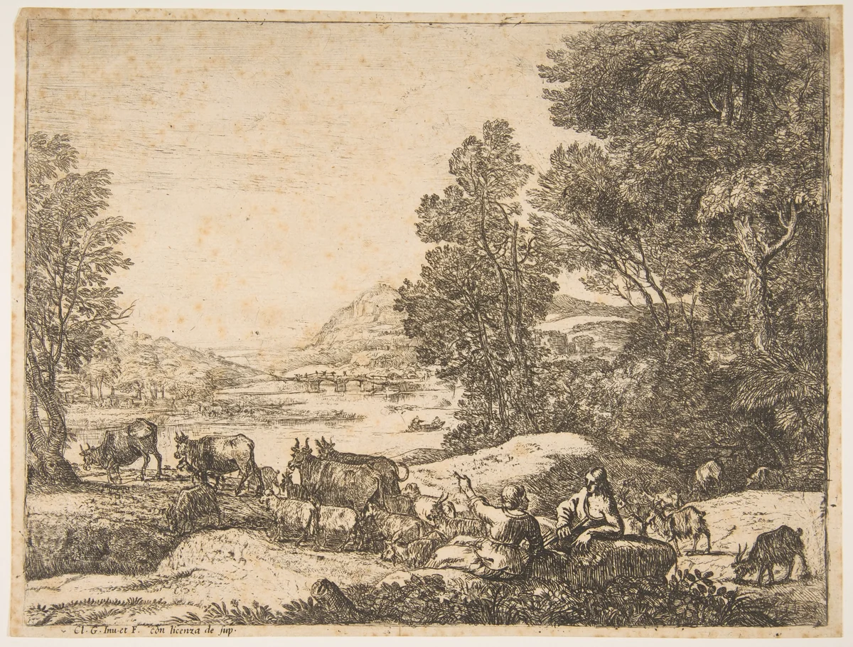 Shepherd and Shepherdess Conversing in a Landscape by Claude Lorrain, print, 1646-1656
