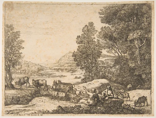 Shepherd and Shepherdess Conversing in a Landscape by Claude Lorrain, print, 1646-1656