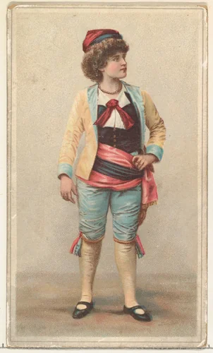 Actress wearing wide pink and black sash, from Stars of the Stage, Second Series (N130) issued by Duke Sons & Co. to promote Honest Long Cut Tobacco by W. Duke, Sons & Co., print, 1891