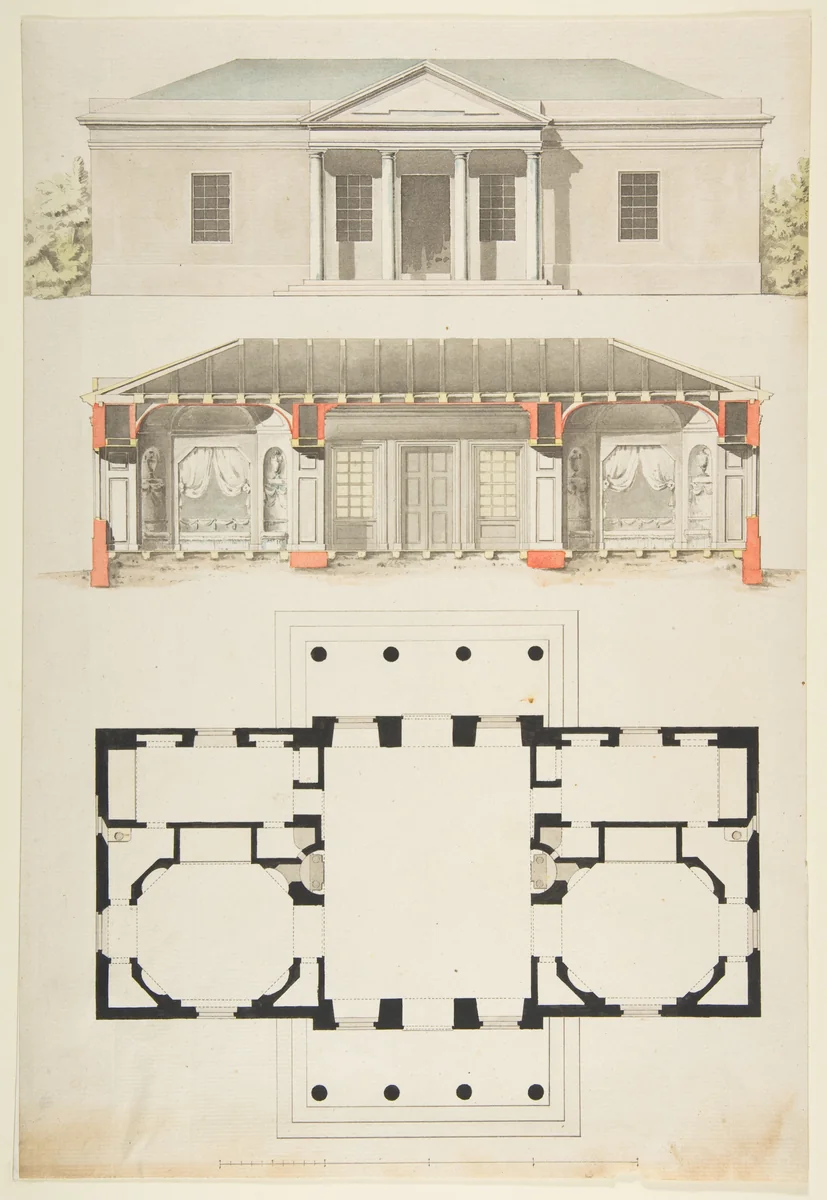 Plan, Elevation, and Section for a Single Story Pavilion by anonymous, drawing, 1750-1800