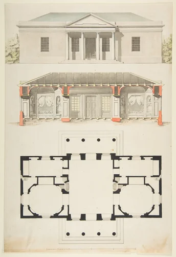 Plan, Elevation, and Section for a Single Story Pavilion by anonymous, drawing, 1750-1800